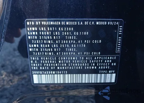 2024 Volkswagen Tiguan 2.0T S из США, поврежденный, VIN 3VVFB7AX9RM194113